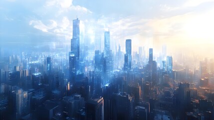 Futuristic city skyline at twilight