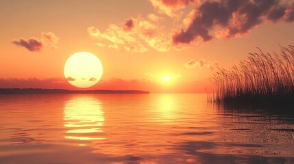 Obraz premium A beautiful sunset over a calm lake with tall grasses in the foreground.