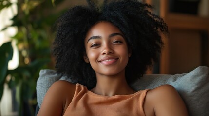 Fototapeta premium happy young african american young woman sitting in her chair smiling. AI Generative