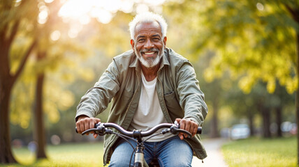 A smiling elderly black man rides his bicycle along a tree-lined path in a park, basking in the warm sunlight of an autumn afternoon. The atmosphere is cheerful and peaceful.