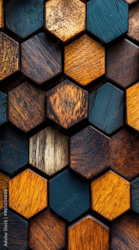 Aufkleber close-up of wooden hexagonal tiles creating a geometric pattern with rich tones and natural textures