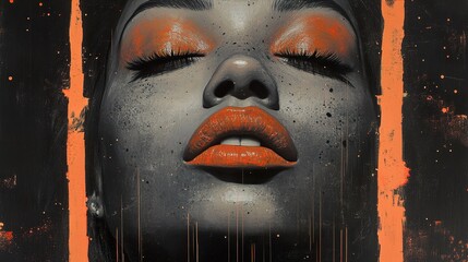 Close-up Portrait of a Woman with Closed Eyes and Orange Makeup