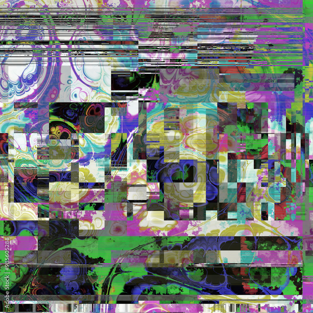 Poster TV noise static effect, abstract glitch background. Fractal digital art pattern