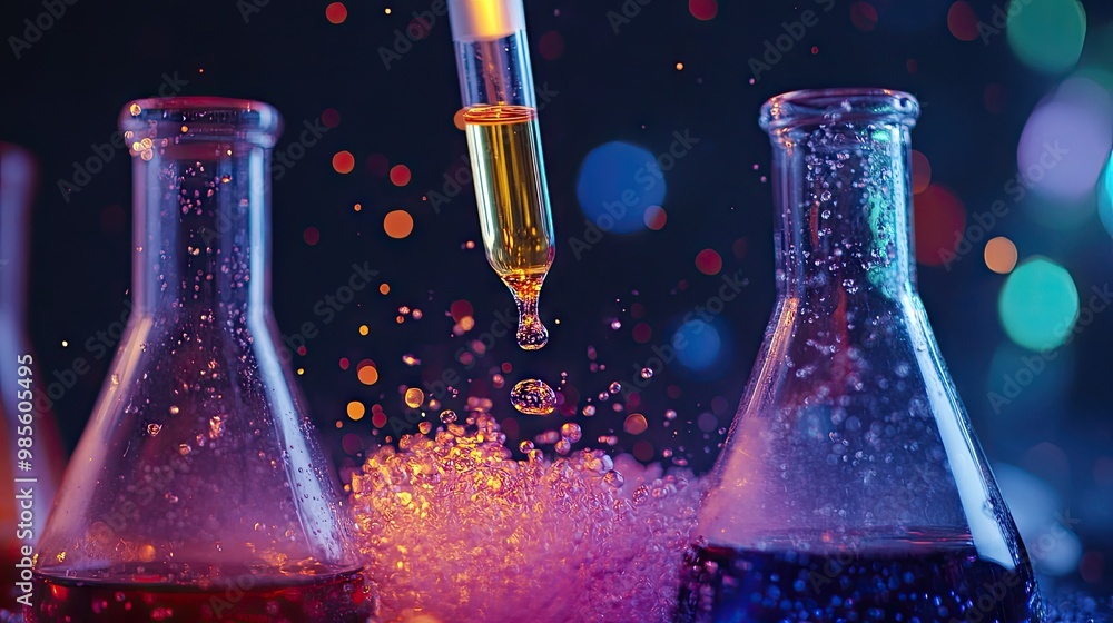 Aufkleber a close-up of a pipette dropping a chemical into a flask, triggering an exciting and vibrant reactio