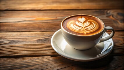 A cup of cappuccino with latte art on a wooden table, perfect for a coffee concept with copy space