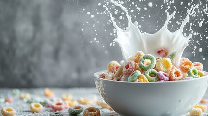 A close-up of milk splashing into a bowl filled with colorful cereal loops, droplets mid-air, with a sleek grey backdrop and room for text.