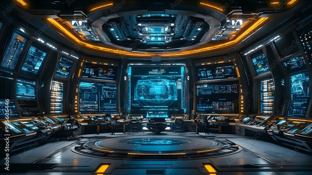 Poster futuristic control room with advanced interfaces
