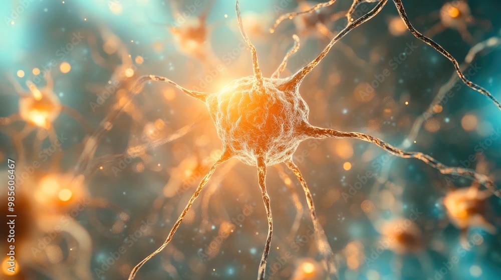 Poster a close-up of neurons firing in the brain, showing intricate electrical signals connecting synapses 