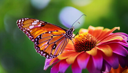 Obraz premium A macro shot of a vibrant butterfly perched on a bright flower, with intricate wing patterns and vivid colors standing out against a blurred, natural green background 