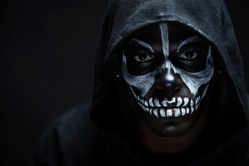 Portrait of an African American man with skeleton face paint, wearing a black hooded robe, copy space in the middle, in a black background, Halloween theme, spooky and skeletal, haunting lighting