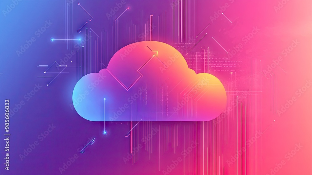 Poster a cloud illustration with arrows representing digital transformation, set against a gradient backgro