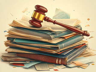 A stack of documents and papers with the gavel on top, representing law. Captured in a professional photographic style with a blurred background of an office setting. Created with Ai