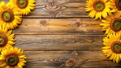 Obraz premium Top view of vibrant yellow sunflowers arranged on a wooden surface