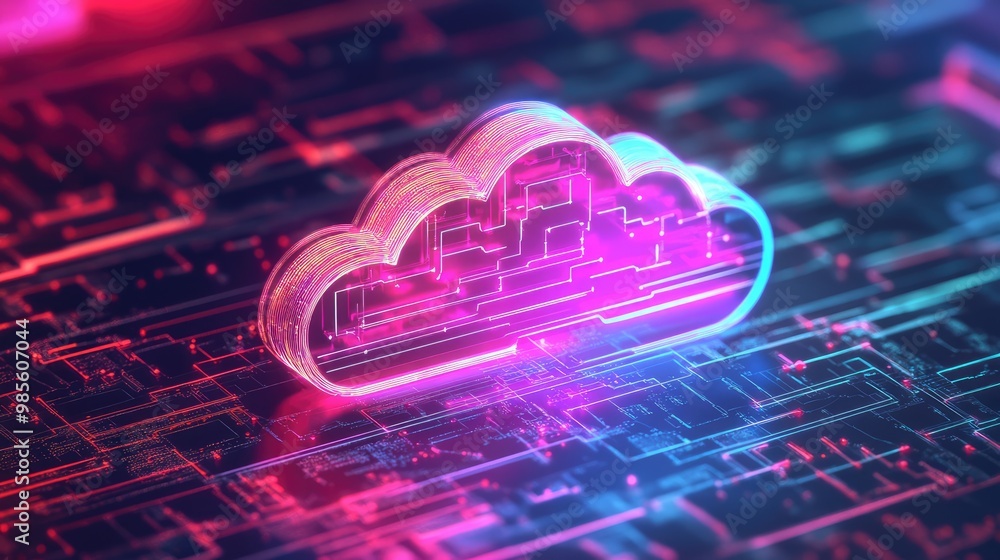 Poster a cloud symbol with neon lines and tech icons, representing the rapid adoption of cloud-based soluti
