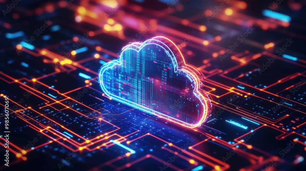 Poster a cloud symbol with neon lines and tech icons, representing the rapid adoption of cloud-based soluti