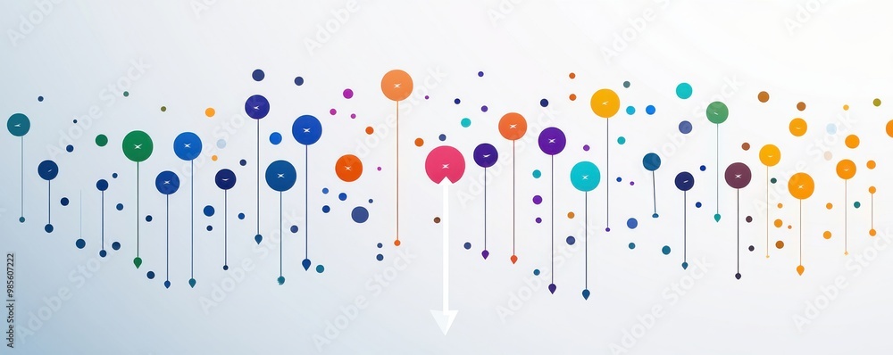 Poster colorful data visualization with arrows and circles on a white background representing analytics and