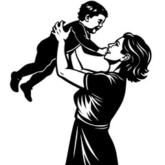 silhouette of a child. Mother lifting his son vector illustration black 