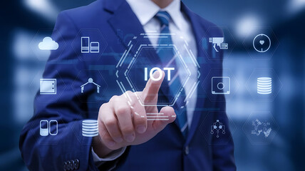 IOT, business suit interacting with a futuristic IOT interface, Internet of Things, smart technology, digital interaction, IoT integration