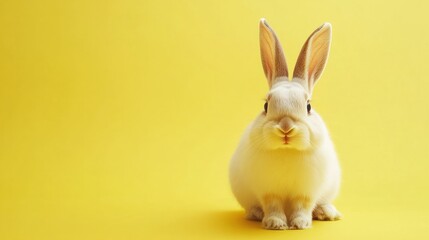 Obraz premium Surprised bunny against a vivid yellow background, perfect for Easter promotions, pet care advertising, or vibrant spring-themed graphics. Copy space for text. Easter sale, discount.