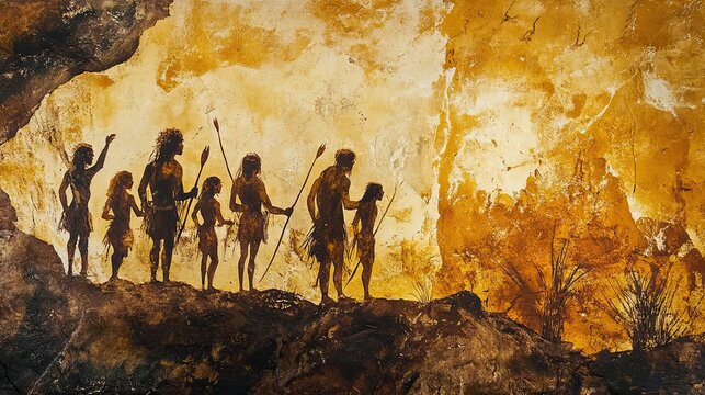 Silhouettes of Prehistoric Humans with Spears Against a Golden Background