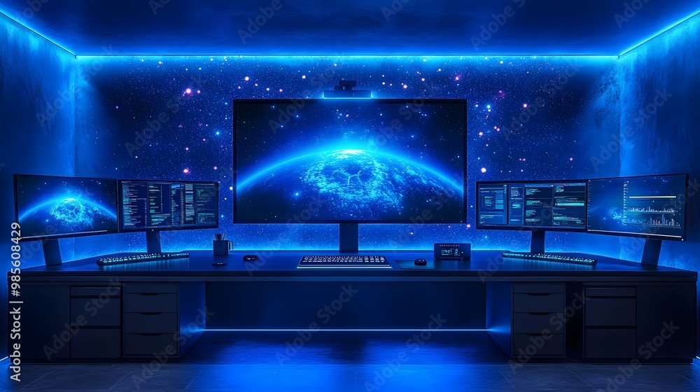 Poster futuristic gaming setup with multiple monitors