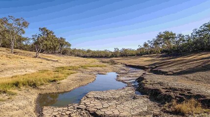 Naklejka premium A cracked riverbank showing the extreme drought conditions, with once-lush greenery now lifeless and brown.
