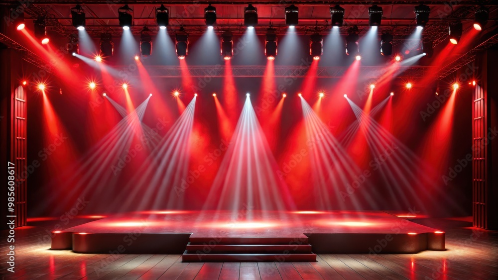 Poster empty stage with red spotlights creating a dramatic atmosphere for a concert show or party presentat
