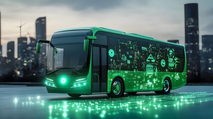 Futuristic green electric bus, city background