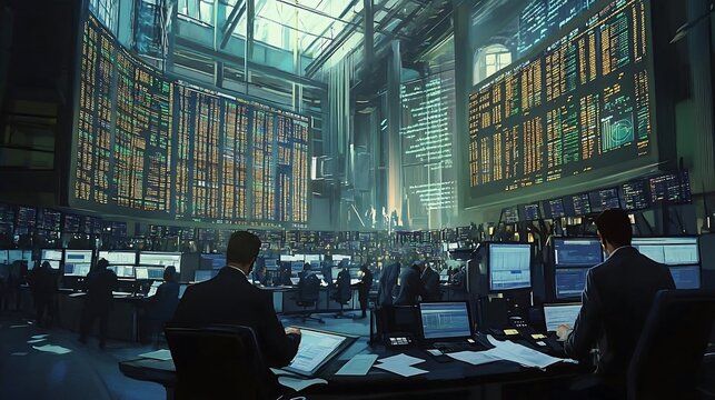 Stock Market Trading Room with Financial Data and Analysts - Powered by Adobe