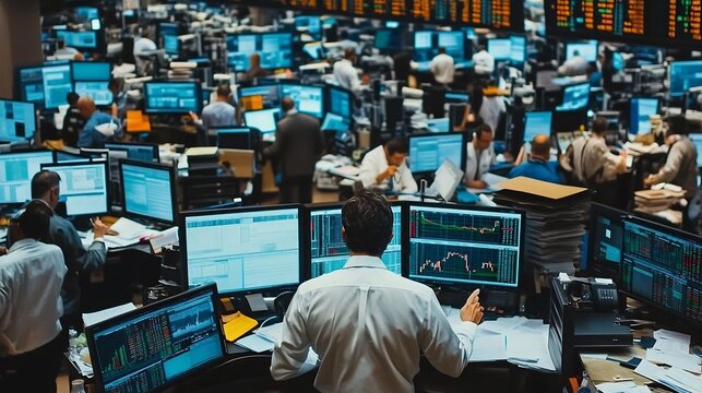 Stock Market Trader Analyzing Charts On Multiple Monitors - Powered by Adobe