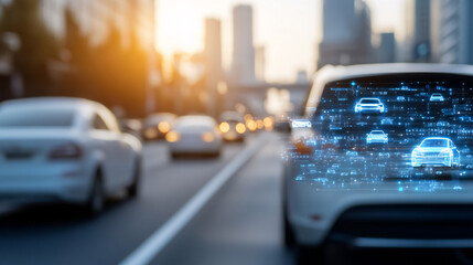 View of autonomous cars in urban traffic, enhanced with digital overlays, representing the future of smart transportation in bustling cities.