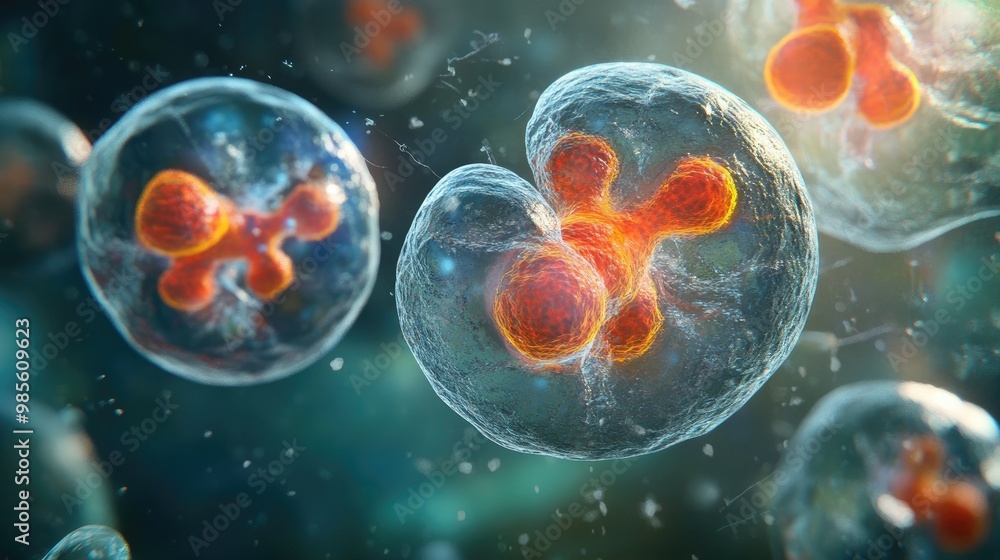 Poster a digital animation showing cell division (mitosis), with cells splitting and forming new structures