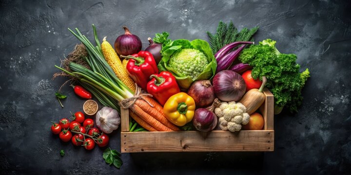 Fresh vegetables in a box on a dark background