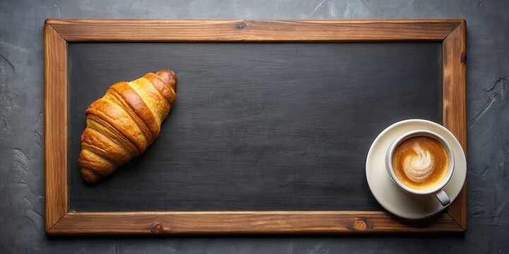 Coffee and croissant drawn on blackboard with copy space for menu design or cafe promotion