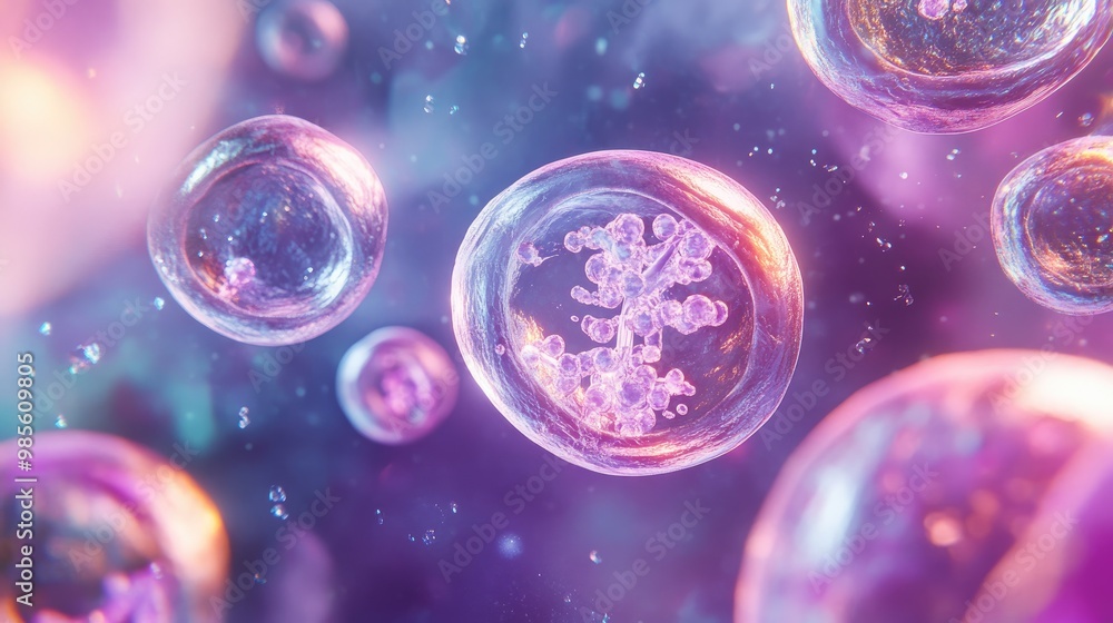 Poster a digital animation showing cell division (mitosis), with cells splitting and forming new structures