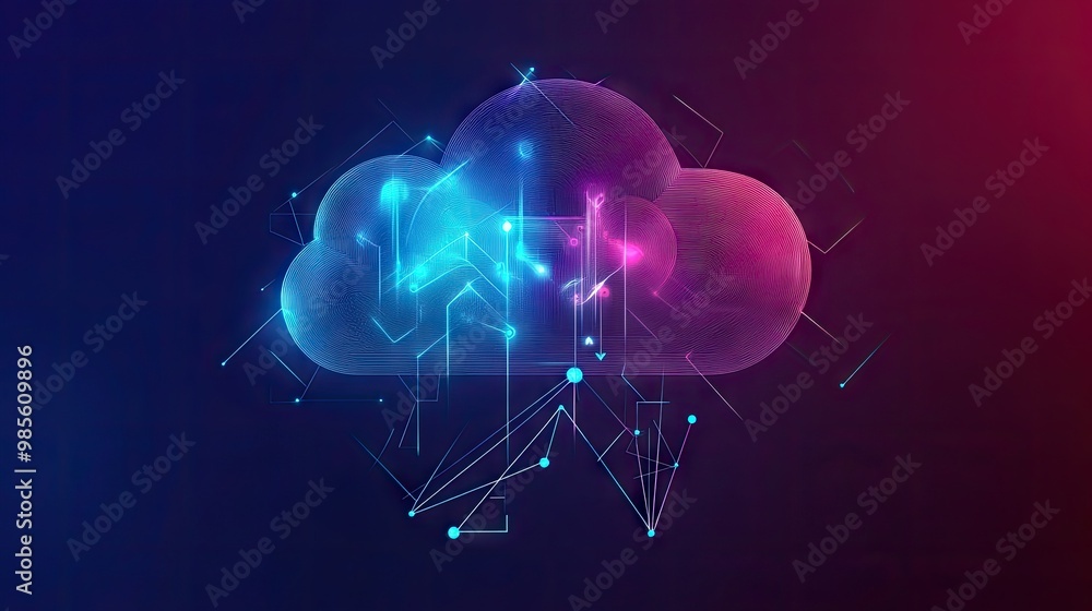 Poster a digital cloud icon with connecting lines and arrows, representing how cloud-based systems are revo