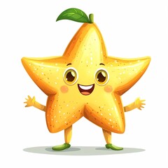 Fototapeta premium A cute cartoon starfruit with a smiling face big eyes, little arms and legs, in a playful style, with a clean white background
