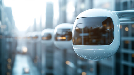 Futuristic vision of transport pods suspended in the air in a smart city, showcasing advanced urban mobility solutions for the future.