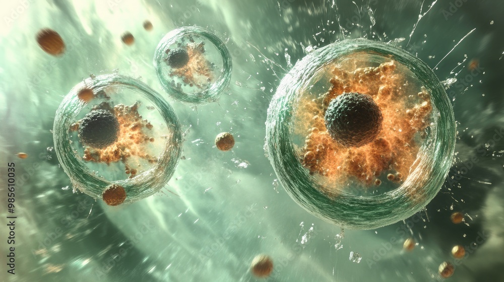 Poster a digital animation showing cell division (mitosis), with cells splitting and forming new structures
