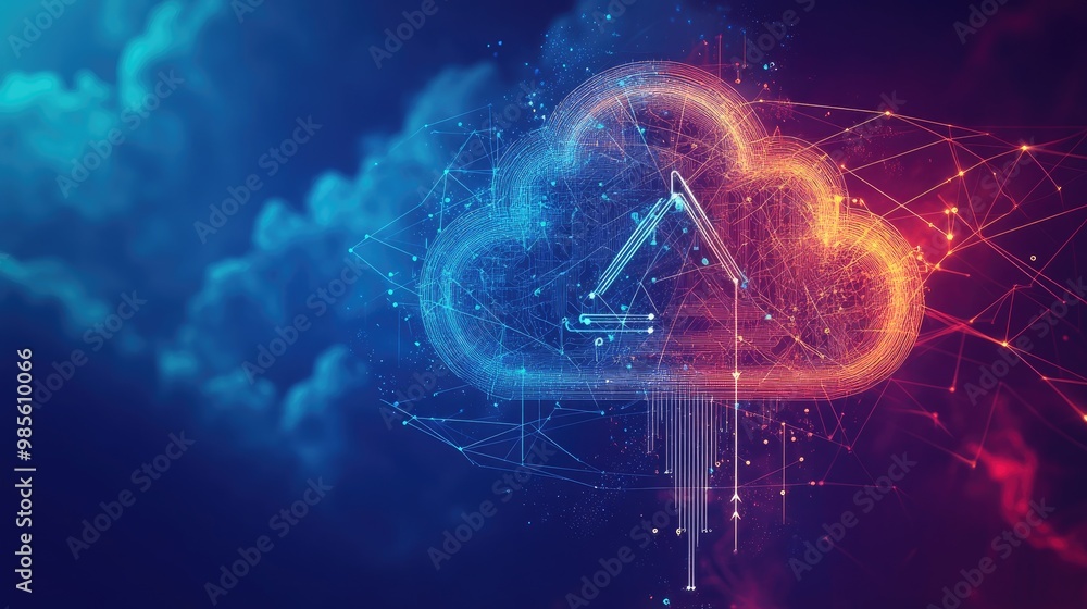 Poster a digital cloud icon with connecting lines and arrows, representing how cloud-based systems are revo