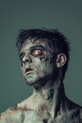 Portrait of an man with zombie makeup, complete with decayed skin and hollow eyes, copy space in the middle, in a muted gray and green studio background, Halloween theme, undead horror, 