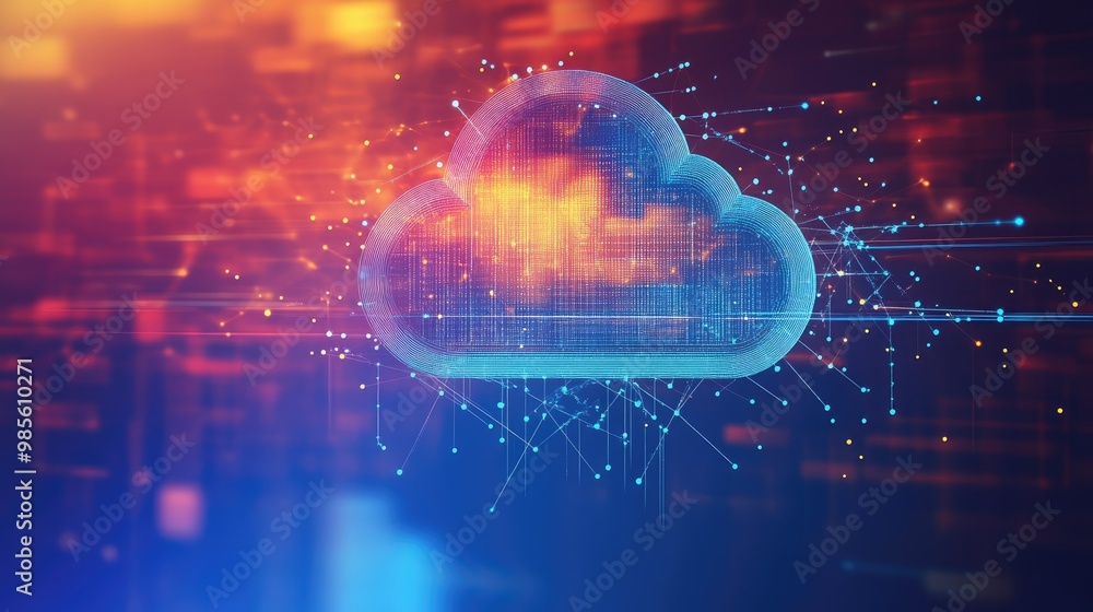 Poster a digital cloud icon with connecting lines and arrows, representing how cloud-based systems are revo
