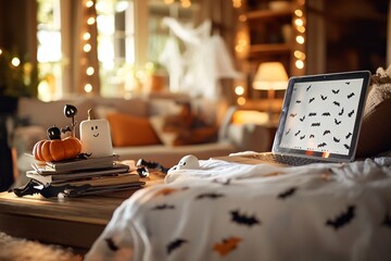 Cozy Living Room Setup with Laptop and Seasonal Decor