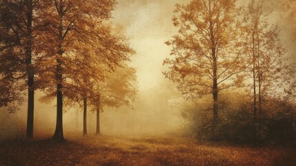Fototapeta premium Silhouettes of trees in a misty autumnal forest with a vintage effect.