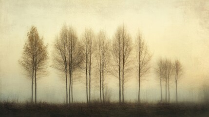 Obraz premium A row of trees stands tall against a soft, misty background, their silhouettes outlined by the morning light.