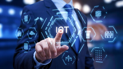 Fototapeta premium IOT, business suit interacting with a futuristic IOT interface, Internet of Things, smart technology, digital interaction, IoT integration