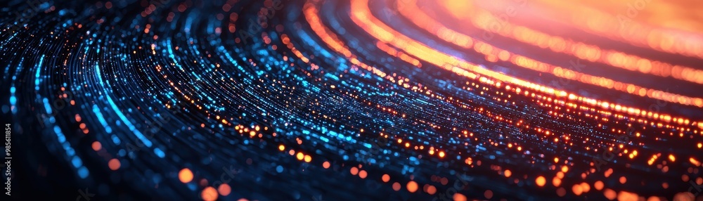 Poster abstract light trails with blue and orange hues, creating a mesmerizing pattern that evokes motion a