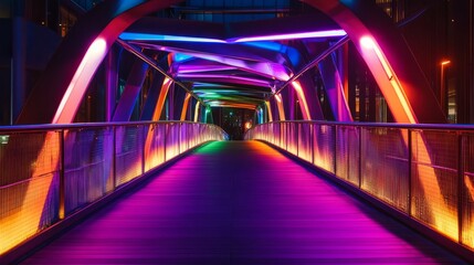 Neon Nightscape: Pedestrian Bridge bathed in vibrant, multicolored LED lights.  A captivating nightscape of urban architecture and modern illumination.