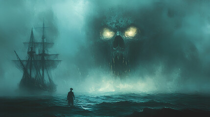 Ghost pirate, rising from the depths, cursed ocean, eerie glow, Watercolor style