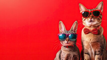 A fashionable dog, cat, and rabbit trio in vibrant sunglasses, posing together on a bold red background with text area.